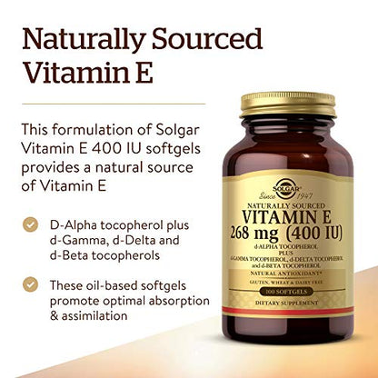 Solgar Vitamin E 268 MG (400 IU) Mixed (d-Alpha Tocopherol & Mixed Tocopherols - Supports Immune System & Skin Nutrition - Natural Antioxidant - Gluten & Dairy Free - 100 Count (Pack of 1)