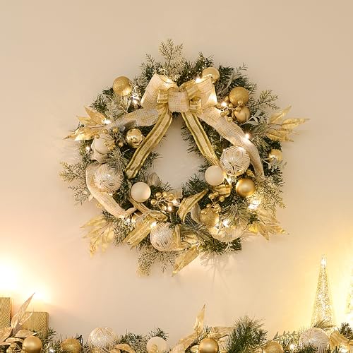 Valery Madelyn Pre-Lit Christmas Wreath for Front Door with Lights, 24 Inch Large Lighted Christmas Wreath with White Gold Xmas Ball for Fireplace Window Outdoor Table Centerpiece Holiday Decoration