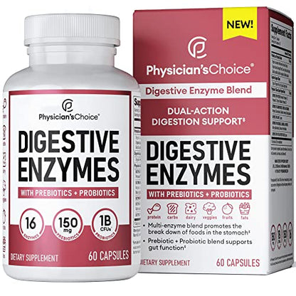 Physician's CHOICE Digestive Enzymes - Powerful Enzymes - Organic Prebiotics & Probiotics for Digestive Health & Gut Health - for Meal Time Discomfort Relief - Dual Action Approach W/Bromelain - 60 CT