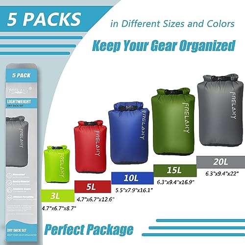 Frelaxy Dry Bag 3-Pack/5-Pack, Ultralight Dry Sack, Outdoor Bags Keep Gear Dry for Hiking, Backpacking, Kayaking, Camping, Swimming, Boating