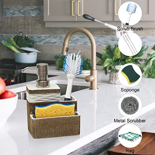 Suanti Kitchen Dish Soap Dispenser with Sponge Holder&Brush Holder for Sink Organize Eco-Friendly Resin Hand Soap Sponge Dispenser 3 in 1 Hold 11oz Liquid Dish Soap,Scrubber for Bathroom-Brown&White