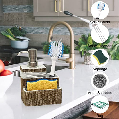 Suanti Kitchen Dish Soap Dispenser with Sponge Holder&Brush Holder for Sink Organize Eco-Friendly Resin Hand Soap Sponge Dispenser 3 in 1 Hold 11oz Liquid Dish Soap,Scrubber for Bathroom-Brown&White