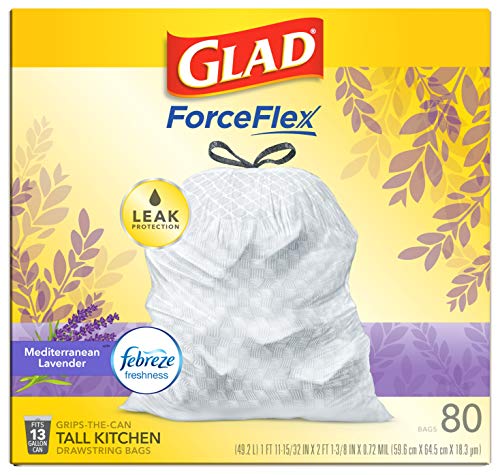 Glad OdorShield Tall Kitchen Drawstring Trash Bags - Febreze Mediterranean Lavender - 13 Gallon - 80 Count