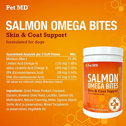 Pet MD Salmon Oil Omega 3 for Dogs - Advanced Allergy & Itch Relief for Dogs - Omega 3 & 6, EPA & DHA, Fish Oil Omega 3 Soft Chews - 120 Count