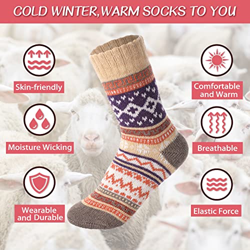 Trifabricy 5 Pairs Wool Socks - Warm Socks For Women Vintage Cozy Socks For Women Thick Knit Winter Socks, Womens Soft Crew Socks