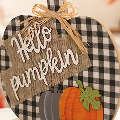 Super Holiday Fall Hello Pumpkin Sign Decorations, 12"/30CM Wooden Autumn Buffalo Plaid Tabletop Decor, for Home Farmhouse Living Room Harvest Day Thanksgiving Decor.