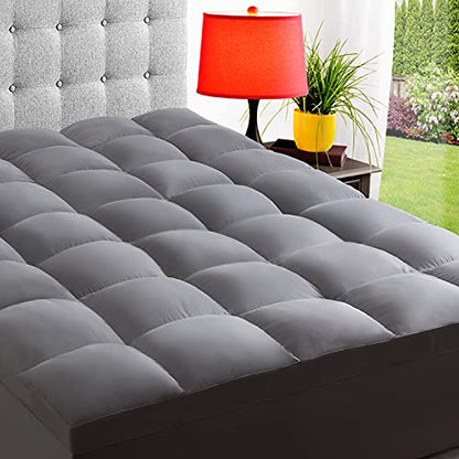 ELEMUSE Cal King Grey Cooling Mattress Topper for Back Pain, Extra Thick Mattress pad Cover, Plush Soft Pillowtop with Elastic Deep Pocket, Overfilled Down Alternative Filling