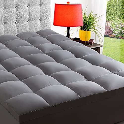ELEMUSE Cal King Grey Cooling Mattress Topper for Back Pain, Extra Thick Mattress pad Cover, Plush Soft Pillowtop with Elastic Deep Pocket, Overfilled Down Alternative Filling