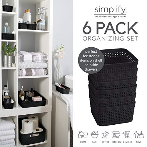 Simplify 6 Pack Organizing Set | Square Bins | Multipurpose | Office | Desk | Dorm | Bathroom | Storage Basket | Small Items | Accessories | Black