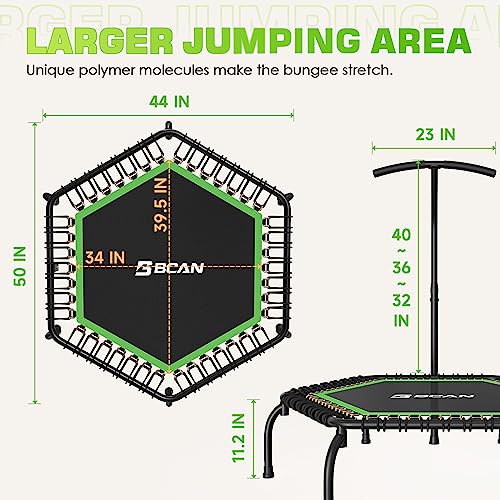 BCAN 50" Mini Trampoline, 550 LBS Fitness Trampoline with T-Adjustable Handle Bar, Bungees, Stable & Quiet Exercise Rebounder for Kids Adults Indoor/Garden Workout-Green