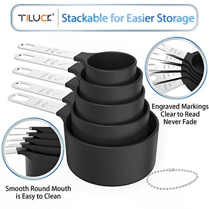 TILUCK Measuring Cups & Spoons Set, Stackable Cups and Spoons, Nesting Measure Cups with Stainless Steel Handle, Kitchen Gadgets for Cooking & Baking (5+5, black)