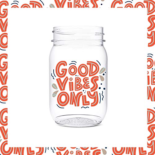 TOSSWARE POP 16oz Mason Good Vibes Only Series, SET OF 6, Recyclable, Premium Quality, Unbreakable & Crystal Clear Plastic Printed Mason Jars, good vibes vino