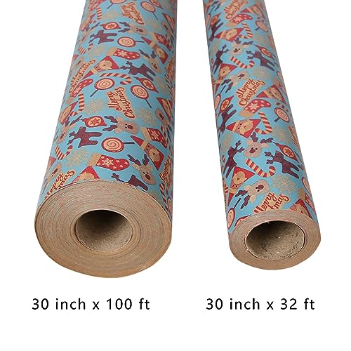 Aimyoo Kraft Christmas Wrapping Paper Jumbo Roll, Santa Claus Christmas Stockings Candy Canes Deer Letters Design, Kids Xmas Gift Wrap Paper 30 inch x 32 ft