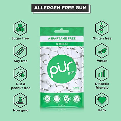 PUR Gum | Aspartame Free Chewing Gum | 100% Xylitol | Sugar Free, Vegan, Gluten Free & Keto Friendly | Natural Spearmint Flavored Gum, 55 Pieces (Pack of 3)