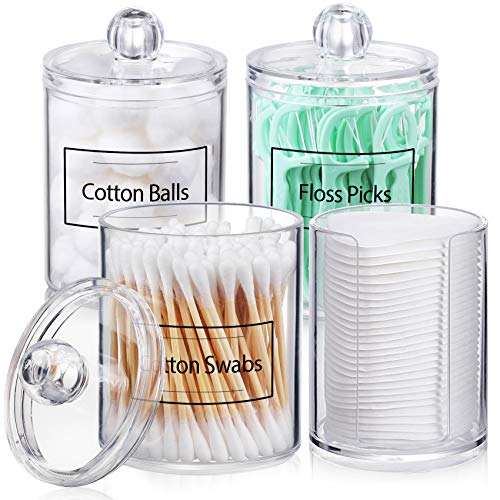 AOZITA 4 Pcs, 10 OZ Qtip Holder Dispenser for Cotton Ball, Cotton Swab, Cotton Round Pads, Floss - Clear Plastic Apothecary Jar Set for Bathroom Canister Storage Organization, Vanity Makeup Organizer