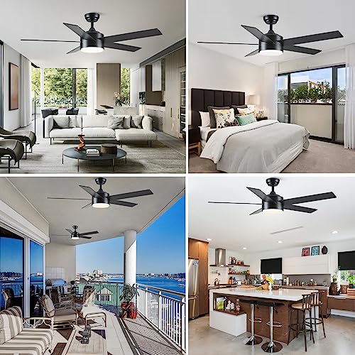 POCHFAN 52 inch Black Ceiling Fans with Lights and Remote Control, Dimmable 3-Color Ceiling Fan with Light, Wooden Quiet Reversible Modern Ceiling Fan for Bedroom, Living Room, Dining Room, Patios