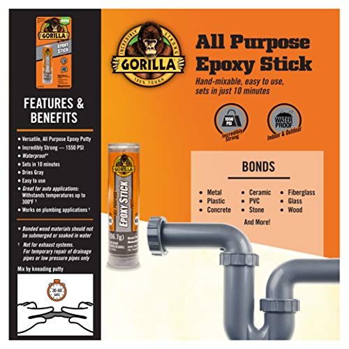 Gorilla All Purpose Epoxy Putty Stick, 2 Ounce, Grey, (Pack of 1)