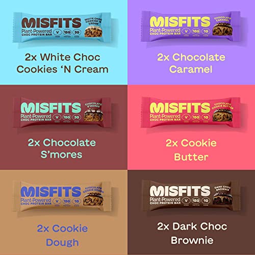 Misfits Vegan Protein Bar, Best Sellers Variety Pack, Plant Based Protein Bars, High Protein Snacks with 15g Per Bar, Low Sugar, Low Carb, Gluten Free, Dairy Free, High Fiber, Non GMO, 6 Flavor 12 Pack