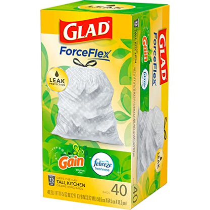 GLAD ForceFlex Tall Drawstring Trash Bags, 13 Gallon White Bags for Kitchen Can, Gain Original Scent to Eliminate Odors, 40 Count