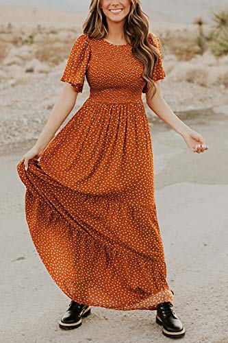 Kranda 2023 Summer Dresses for Women Round Neck Short Flutter Sleeve Casual Swing Flowy Smocked Ruffle Tiered Maxi Floral Dress Camel XL