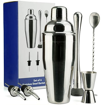 Arora Barware Set - 6pc - Stainless Steel - Professional Bar Tools for Drink Mixing, Home, Bar, Party, Silver, 24oz (851111)