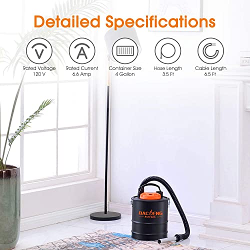 BACOENG Standard 4 Gallon 6.6Amp Ash Vacuum Cleaner with Blow Function for Pellet Stoves, Wood Stoves and BBQ Grills