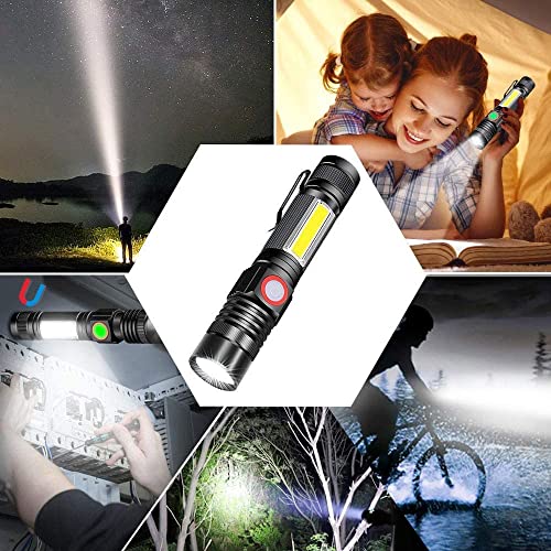 Flashlight USB Rechargeable, Magnetic LED Flashlight, Super Bright LED Tactical Flashlight with Cob Sidelight, 2000LM, Waterproof, Zoomable Best Small LED Flashlight for Camping, Emergency Flashlight