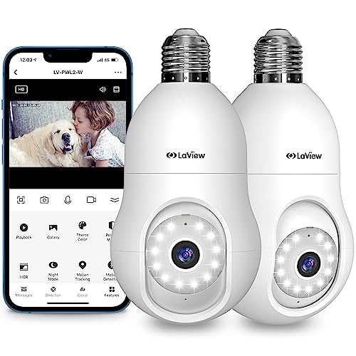 LaView 4MP Bulb Security Camera 2.4GHz,360° 2K Security Cameras Wireless Outdoor Indoor Full Color Day and Night, Motion Detection, Audible Alarm, Easy Installation, Compatible with Alexa (2 Pack)