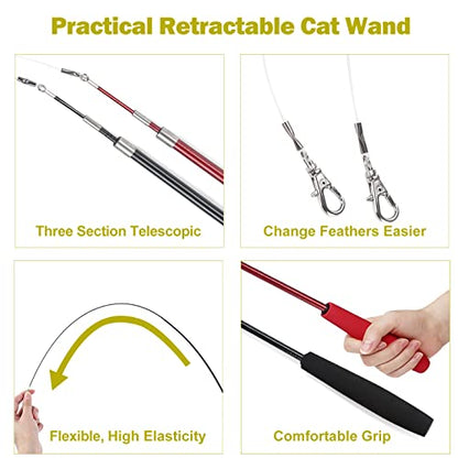 MeoHui Interactive Kitten Wand Fishing Pole Toy 2PCS Retractable and 9PCS Funny Feather Toys Refills for Bored Indoor Cats Chase and Exercise