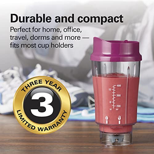 Hamilton Beach Portable Blender for Shakes and Smoothies with 14 Oz BPA Free Travel Cup and Lid, Durable Stainless Steel Blades for Powerful Blending Performance, Raspberry (51131)