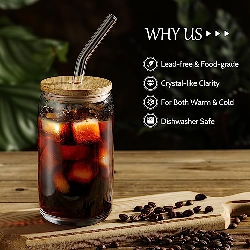 [ 6pcs Set ] Glass Cups with Bamboo Lids and Glass Straw - Beer Can Shaped Drinking Glasses, 16 oz Iced Coffee Glasses, Cute Tumbler Cup for Smoothie, Boba Tea, Whiskey, Water - 2 Cleaning Brushes