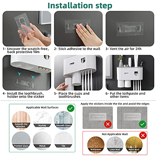 Toothbrush Holder Wall Mounted, Automatic Toothpaste Dispenser Squeezer Kit -Magnetic Toothbrush Holder for Bathroom and Vanity, 4 Brush Slots 2 Cups 1 Cosmetic Drawer1 Large Storage Tray by showgoca