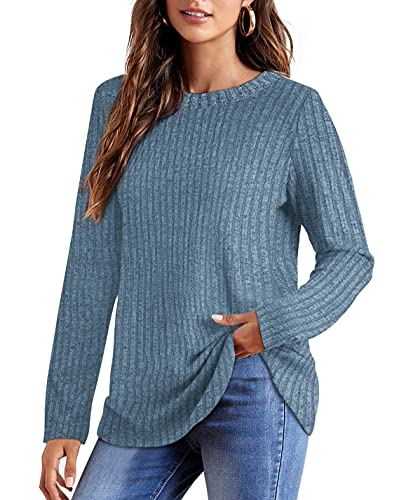 OFEEFAN Long Sleeve Tee Shirts for Women Fall Sweaters for Women Trendy Blue XXL