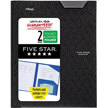 Five Star 2 Pocket Folder, Stay-Put Folder, Plastic Colored Folders with Pockets & Prong Fasteners for 3-Ring Binders, Great for Home School Supplies & Home Office, 11” x 8-1/2, Black (72113)