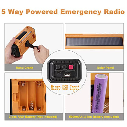 5000 Weather Radio,Solar Hand Crank 5-Way Power Emergency Radio,AM/FM/Shortwave/NOAA Alert Survival Portable Radio,Power Bank USB Charger,Camping Flashlight,Reading Lamp,Headphone Jack,SOS,Compass