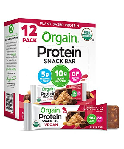 Orgain Organic Vegan Protein Bars, Peanut Butter Chocolate Chunk - 10g Plant Based Protein, Gluten Free Snack Bar, Low Sugar, Dairy Free, Soy Free, Lactose Free, Non GMO, 1.41 Oz (12 Count)