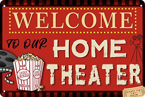 Welcome to Our Home Theater Enjoy the Show Metal Tin Sign Home Sign Decorations for Living Room Bedroom Media Room Cafes Pubs Vintage Movie Posters for Theater Room 8x12 Inch