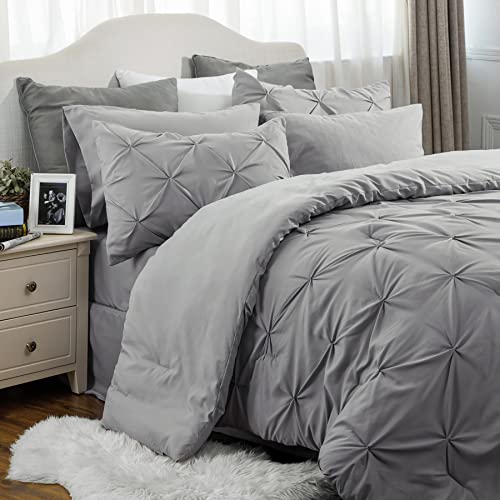 Bedsure Twin Comforter Set with Sheets - 5 Pieces Twin Bedding Sets, Pinch Pleat Grey Twin Bed in a Bag with Comforter, Sheets, Pillowcase & Sham, Kids Bedding Set