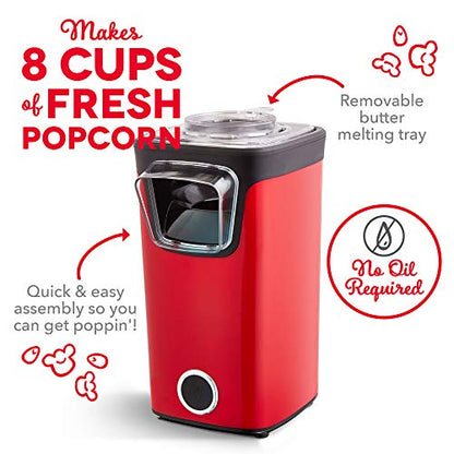 DASH Turbo POP Popcorn Maker with Measuring Cup to Portion Popping Corn Kernels + Melt Butter, 8 Cup Popcorn Machine - Red