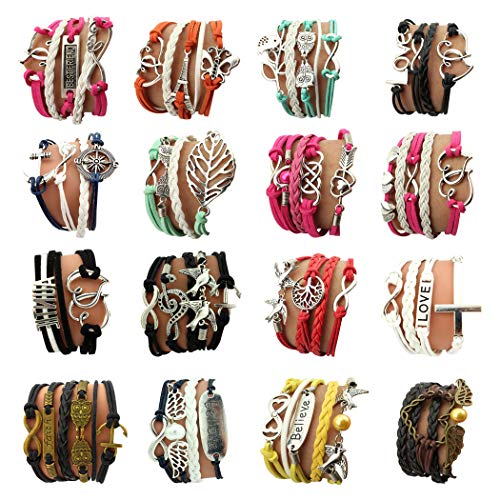 OUR SUPER DEALS Wholesale 16pcs Vintage Multilayer Multicolor Woven Leather Alloy Owl Braided Infinity Bracelets