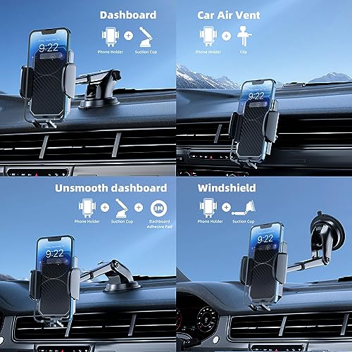 FBB Phone Mount for Car, [ Off-Road Level Suction Cup Protection ] 3in1 Long Arm Suction Cup Holder Universal Cell Phone Holder Mount Dashboard Windshield Vent Compatible with All Smartphones