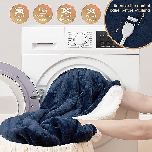 EHEYCIGA Heated Blanket Electric Blanket Throw - Heating Blanket with 5 Heating Levels & 4 Hours Auto Off, Soft Cozy Sherpa Washable Blanket with Fast Heating, 50 x 60 Inches, Navy Blue