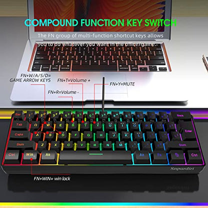 DGG K60 61 Keys RGB Backlit 60% Wired Gaming Keyboard, Ergonomic Waterproof Mini Compact 60 Percent Mechanical Feeling Keyboard, for PC Mac PS4 Xbox Gamer, Typist, Travel