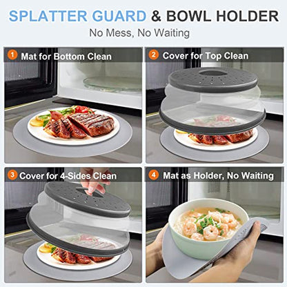 LekDrok Microwave Food Cover with Mat 10 Inch, Mat as Bowl Holder, Cover for Splatter Guard, Collapsible Lid for Plate Dish, Multi-Purpose Silicone Mat & Kitchen Colander Gadget for Meal Prep,Charcoal