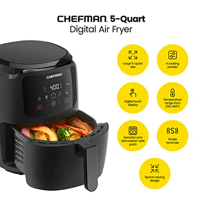 Chefman Digital Air Fryer, Large 5 Qt Family Size, One Touch Digital Control Presets, French Fries, Chicken, Meat, Fish, Nonstick Dishwasher-Safe Parts, Automatic Shutoff, Black