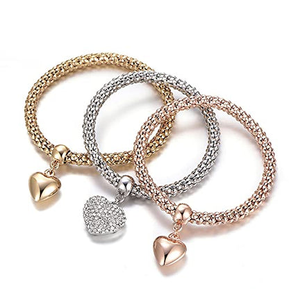 SILANER Crystal Charms Multilayer Bracelets - 3PCS Gold/Silver/Rose Gold Corn Chain Bracelet for Women, Tree of Life Heart Shaped Stretch Bracelet(Solid Hearts Charm)