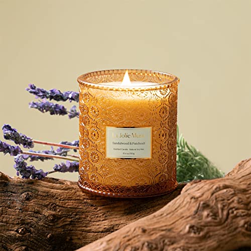 LA JOLIE MUSE Sandalwood Candles, Wood Wick Candle, Sandalwood & Patchouli Candle, Natural Soy Candle, Large Candle for Home Scented, Gift Candle for Women & Men