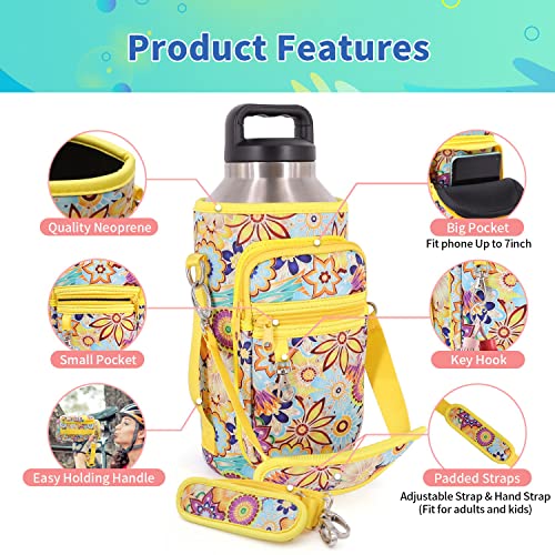 AJLTPA Water Bottle Holder with Adjustable Padded Shoulder Strap and 2 Pockets, Water Bottle Sleeve Carrier Compatible with Rambler 26 oz Bottle & 32oz Hydro Flask and More (Cowhide Print)