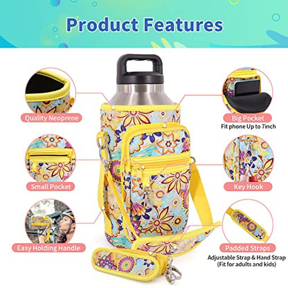 AJLTPA Water Bottle Holder with Adjustable Padded Shoulder Strap and 2 Pockets, Water Bottle Sleeve Carrier Compatible with Rambler 26 oz Bottle & 32oz Hydro Flask and More (Cowhide Print)