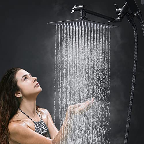 G-Promise All Metal 8" Dual Square Shower Head Combo | Rain Shower Head | Handheld Shower Wand with 71" Fexible Extra Long Hose | Smooth 3-Way Diverter | Adjustable Extension Arm (Oil Rubbed Bronze)